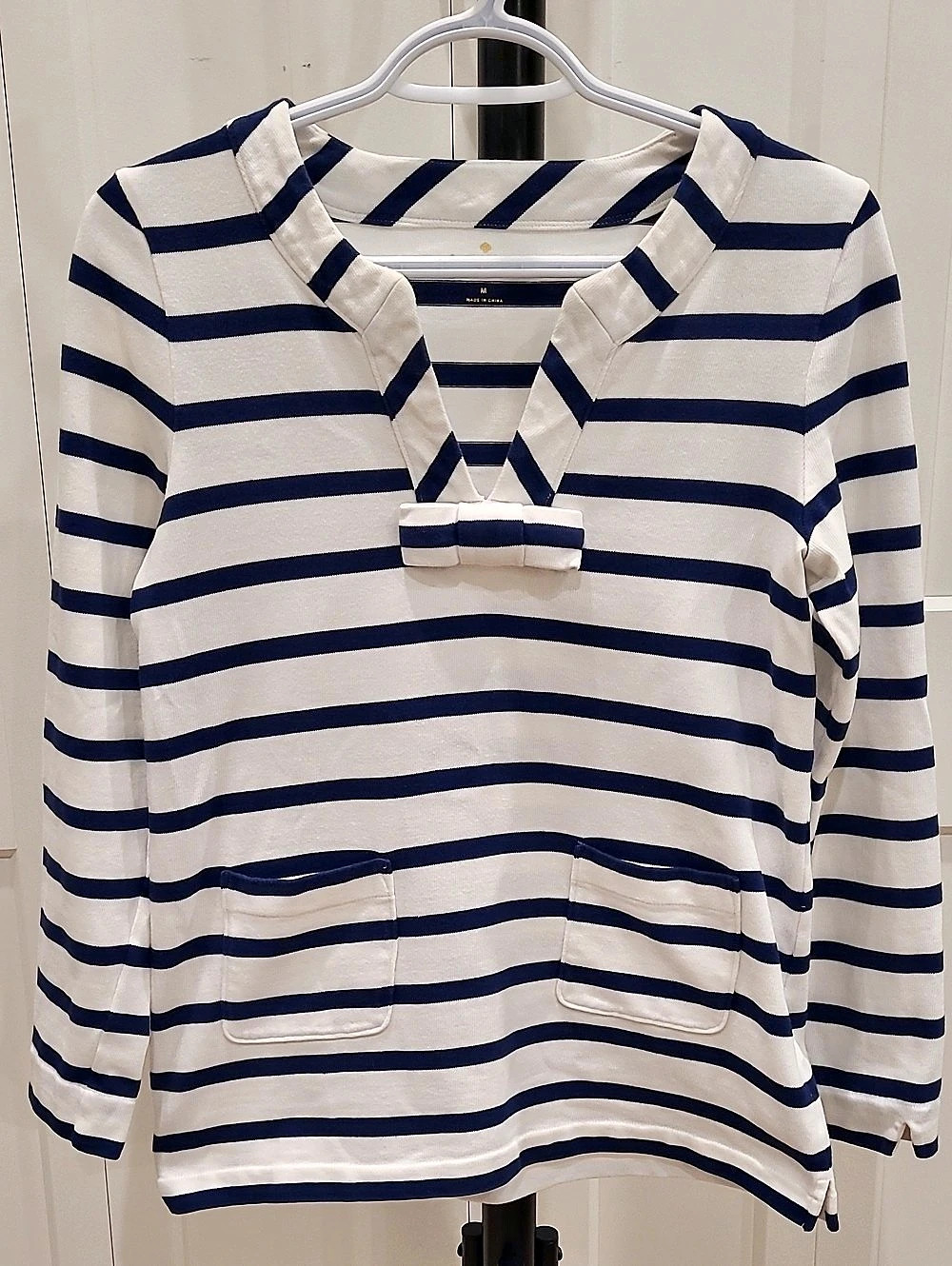 Kate Spade Tropez Nautical Striped Bow Tie Long Sleeve Top in White & Blue